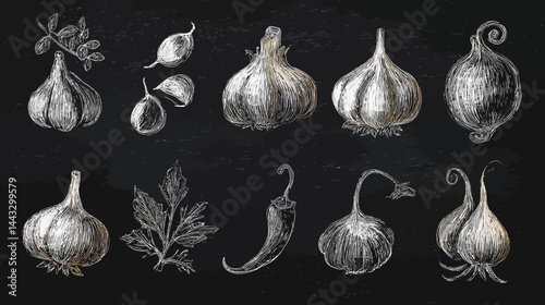 Chalk spice silhouettes, hand drawn herb icons, garlic and paprika doodle illustrations   -  