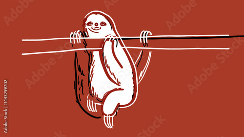 Cute sloth hanging on a branch, minimal lines    -  