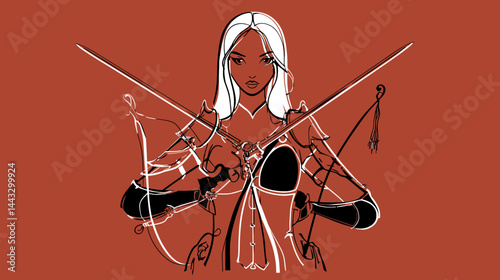 Fantasy warrior woman, vector art    - 