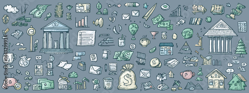 Finance doodle icon set with money and bank elements   -  
