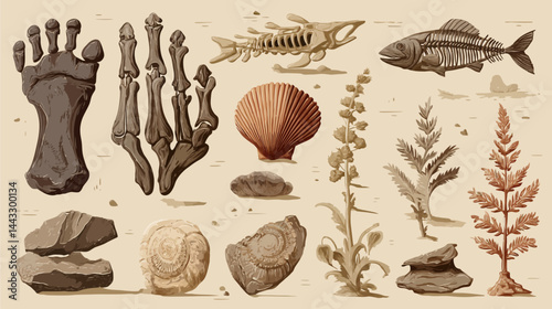 Fossil vector set, archeologic dig elements, dinosaur foot, sea animal, fish skeleton, plant and shell fossils, prehistoric stone icons   -  
