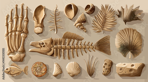 Fossil vector set, archeologic dig elements, dinosaur foot, sea animal, fish skeleton, plant and shell fossils, prehistoric stone icons   -  