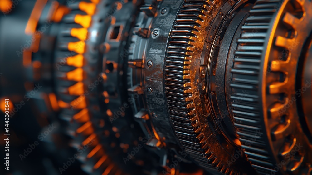 Fototapeta premium Close-up View of Industrial Machinery Gears with Warm Lighting Highlighting Metal Textures and Designs