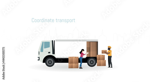 Movers loading cardboard boxes onto truck in the city