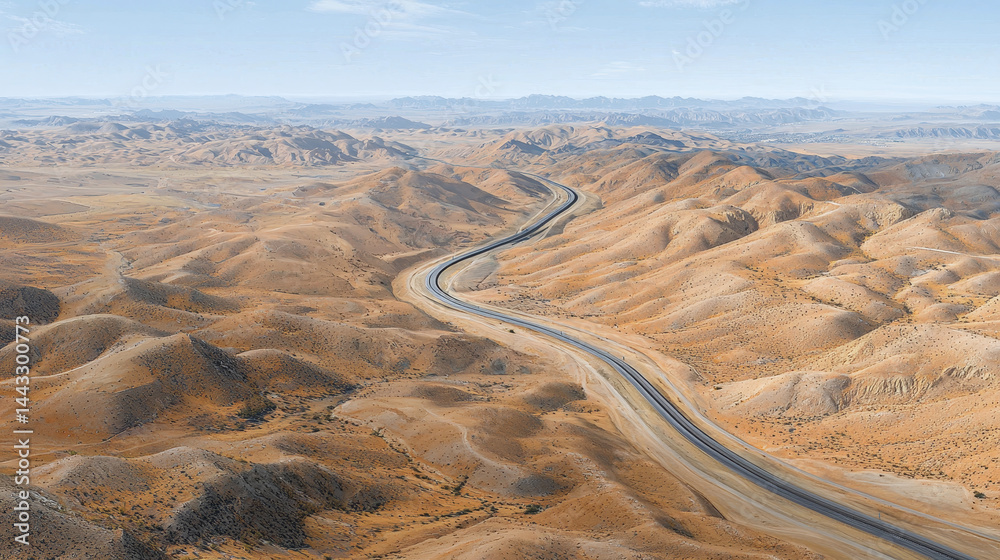 Fototapeta premium Aerial view of winding road through vast desert hills, showcasing beauty of arid landscapes and natural formations