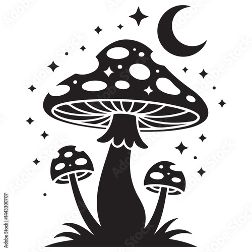 Magic mushroom with moon and stars set. Vector silhouette, black line contour drawing celestial fungus collection. Vector Black silhouettes. with white background