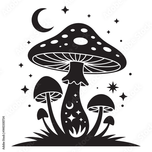 Magic mushroom with moon and stars set. Vector silhouette, black line contour drawing celestial fungus collection. Vector Black silhouettes. with white background