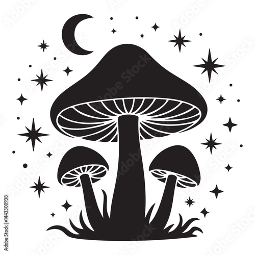 Magic mushroom with moon and stars set. Vector silhouette, black line contour drawing celestial fungus collection. Vector Black silhouettes. with white background