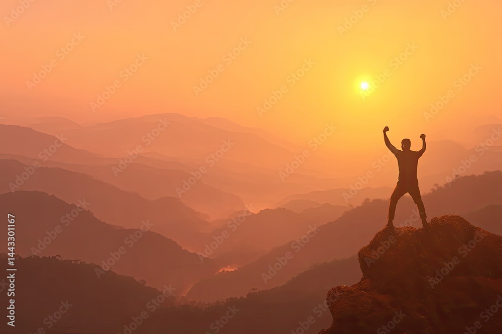 Silhouette of a hiker on mountaintop at sunrise Silhouette of a hiker on mountaintop at sunrise