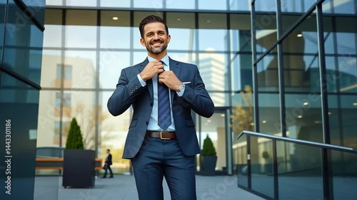 Wallpaper Mural Confident businessman adjusting tie and walking towards a modern office building Torontodigital.ca