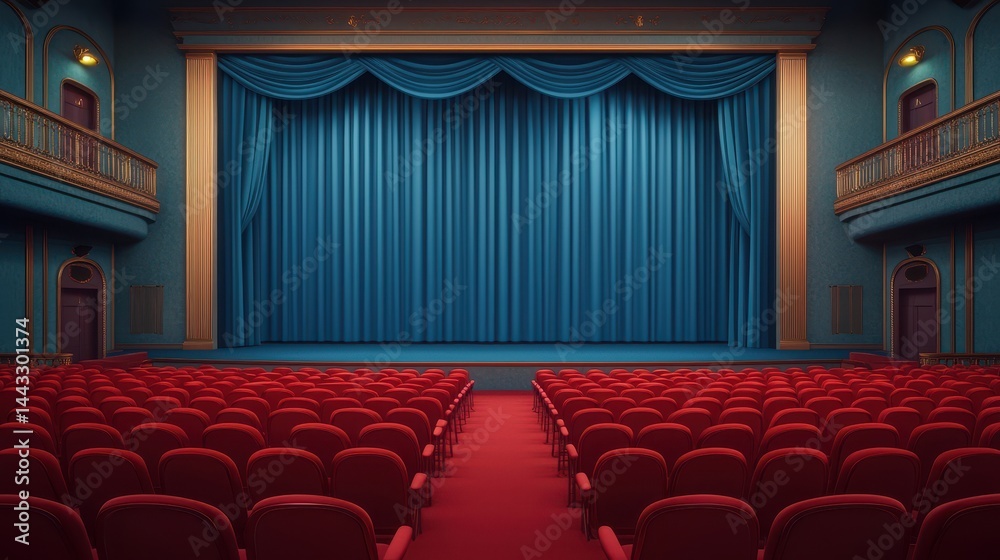 Fototapeta premium Elegant theater interior with ornate red seating and rich blue curtains drawn over the stage