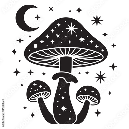 Magic mushroom with moon and stars set. Vector silhouette, black line contour drawing celestial fungus collection. Vector Black silhouettes. with white background