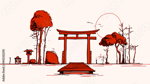 Japanese torii gate, flat design    - 