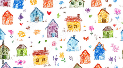 Kid crayon doodle background, childish pencil drawings of houses and flowers, cute school sketch pattern   -  