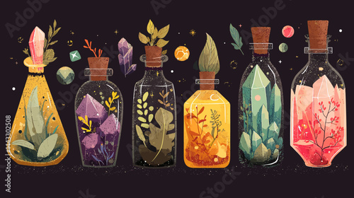 Magic potion bottle vector, vintage witch alchemy set with crystals and plants, Halloween potion collection   - 