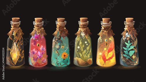 Magic potion bottle vector, vintage witch alchemy set with crystals and plants, Halloween potion collection   -  