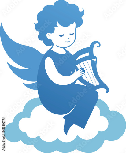 child angel holding a harp sitting on a cloud innocent and soft design