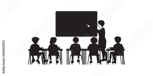 Silhouette of Lesson: A silhouette captures a dedicated teacher at a blackboard and attentive students within a classroom setting, teaching, conveying the core of education.