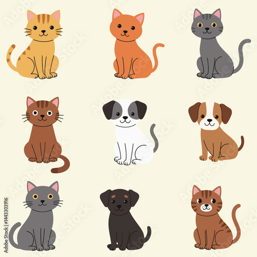 Cute pets collection. Vector flat cats and dogs set. Cartoon pets bundle