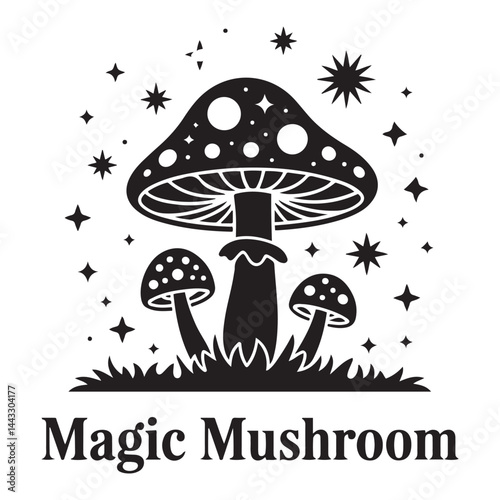 Magic mushroom with moon and stars set. Vector silhouette, black line contour drawing celestial fungus collection. Vector Black silhouettes. with white background