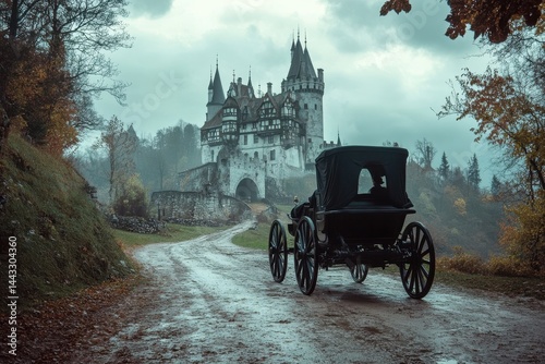 The moonlit path leads a hansom carriage toward Draculas dark and mysterious vampire castle ahead