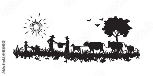 Rural Harmony: A silhouette depicting farm life under the radiant sun, showcasing pastoral scene, with various animals and human interaction.
