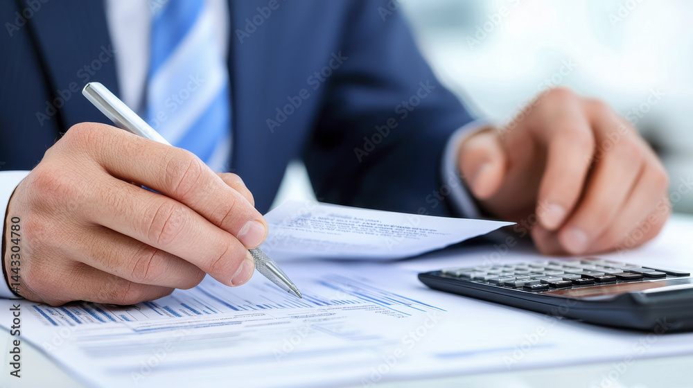 professional man is reviewing financial documents while holding pen and calculator, showcasing focused and analytical approach to finance professional man is reviewing financial documents while holding pen and calculator, showcasing focused and analytical approach to finance