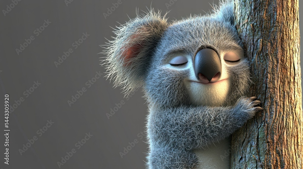 Fototapeta premium Cute koala clinging to tree, serene background, digital art