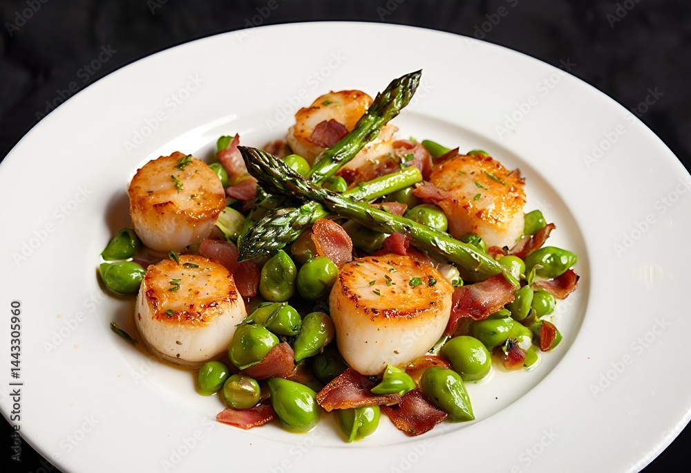 a beautifully plated dish features seared scallops atop a bed of edamame, crisp asparagus spears, and crumbled bacon, all presented on a white plate with a dark background. a beautifully plated dish features seared scallops atop a bed of edamame, crisp asparagus spears, and crumbled bacon, all presented on a white plate with a dark background.