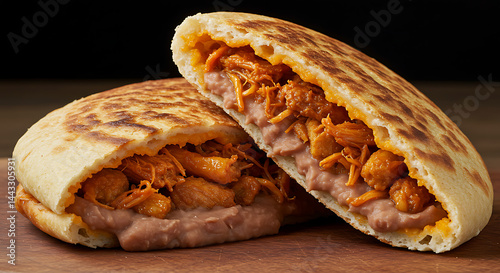 A cut-open arepa reveals a delicious filling of seasoned chicken and creamy beans. A delightful bite of cultural cuisine.