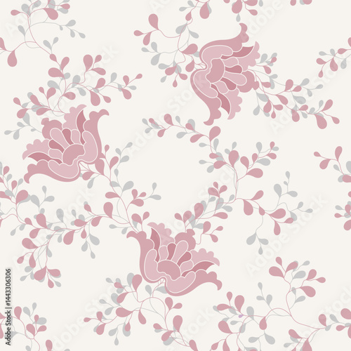 seamless pattern of flowers, branches and leaves