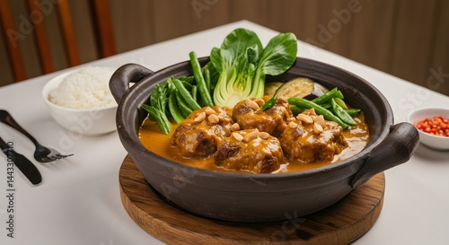 Kare-kare oxtail stew with peanut sauce on a restaurant table photo