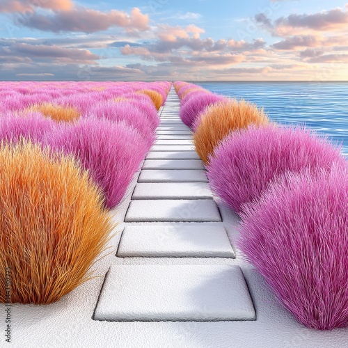 Tranquil Path Through Textured Purple and Orange Plants Leading to a Calm Sea Under a Sunset Sky