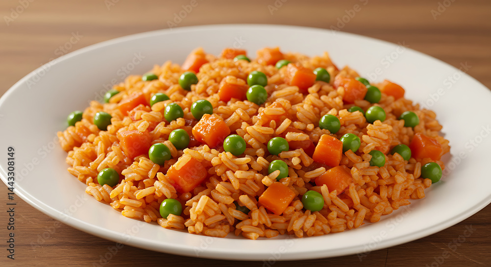 A plate of vibrant tomato rice with carrots and peas showcases a colorful and appetizing meal option perfect for a side dish or light lunch. A plate of vibrant tomato rice with carrots and peas showcases a colorful and appetizing meal option perfect for a side dish or light lunch.