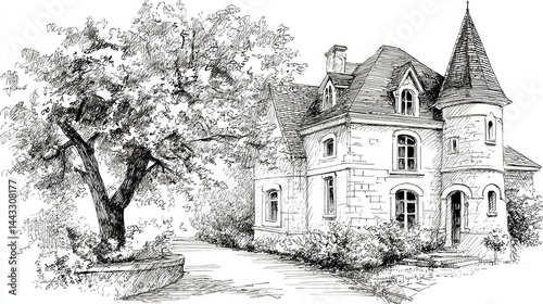 Tranquil Stone Manor House Sketch Black And White Countryside Illustration
