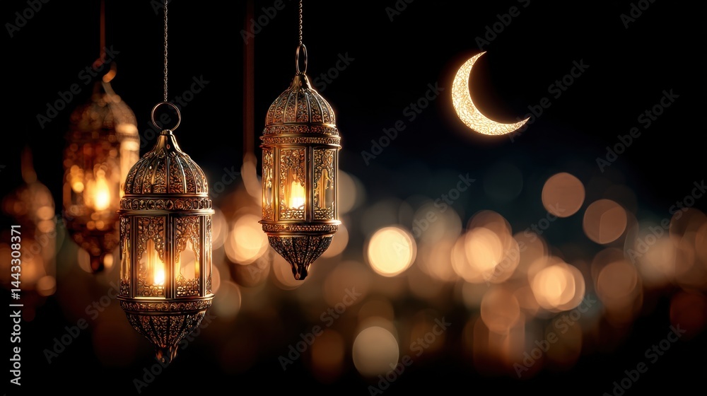 Golden lanterns illuminate a serene night with a glowing crescent moon creating a festive and spiritual atmosphere ideal for Ramadan celebrations against a bokeh background Golden lanterns illuminate a serene night with a glowing crescent moon creating a festive and spiritual atmosphere ideal for Ramadan celebrations against a bokeh background