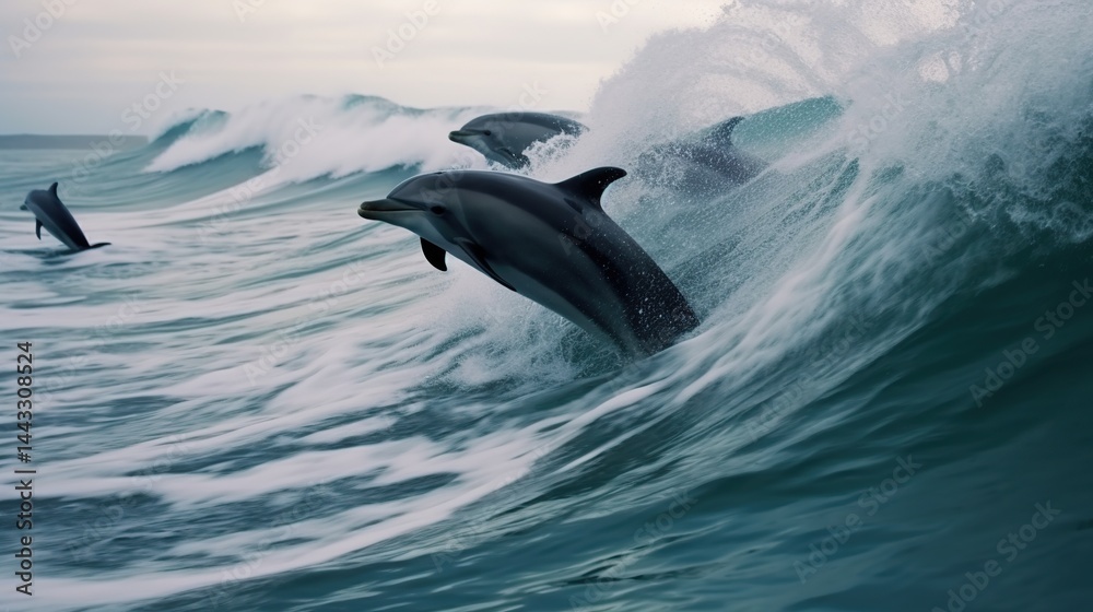Fototapeta premium Dolphins Surfing a Wave