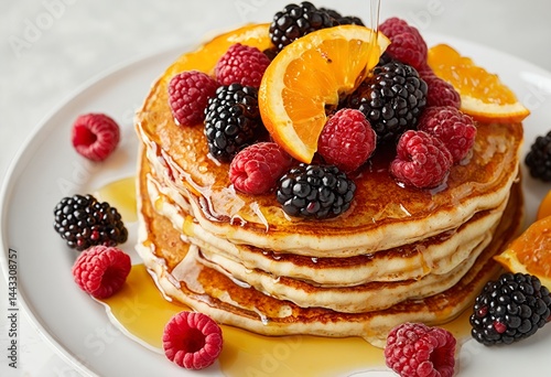 a tall stack of fluffy pancakes is topped with fresh blackberries, raspberries, and orange slices, drizzled with golden syrup and presented on a white plate. photo