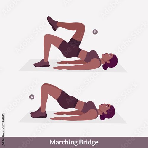 Marching Bridge exercise, Women workout fitness, aerobic and exercises. Vector Illustration