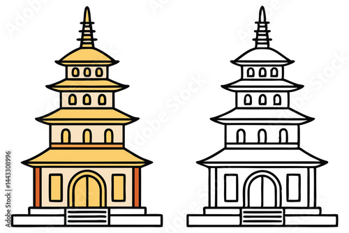 Illustrated pagoda structure displays vibrant color and simple line work for clarity, transparent background