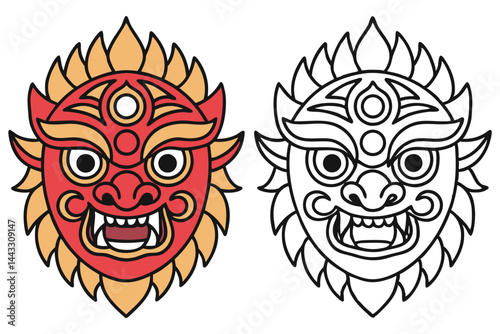 Red demonic face with fangs and sunlike crown is illustrated next to its outline version