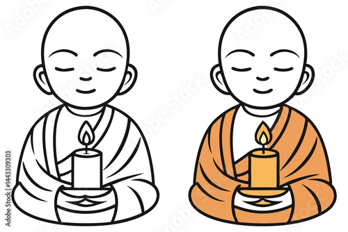 Two monk versions peacefully hold a candle in monochrome and color robes