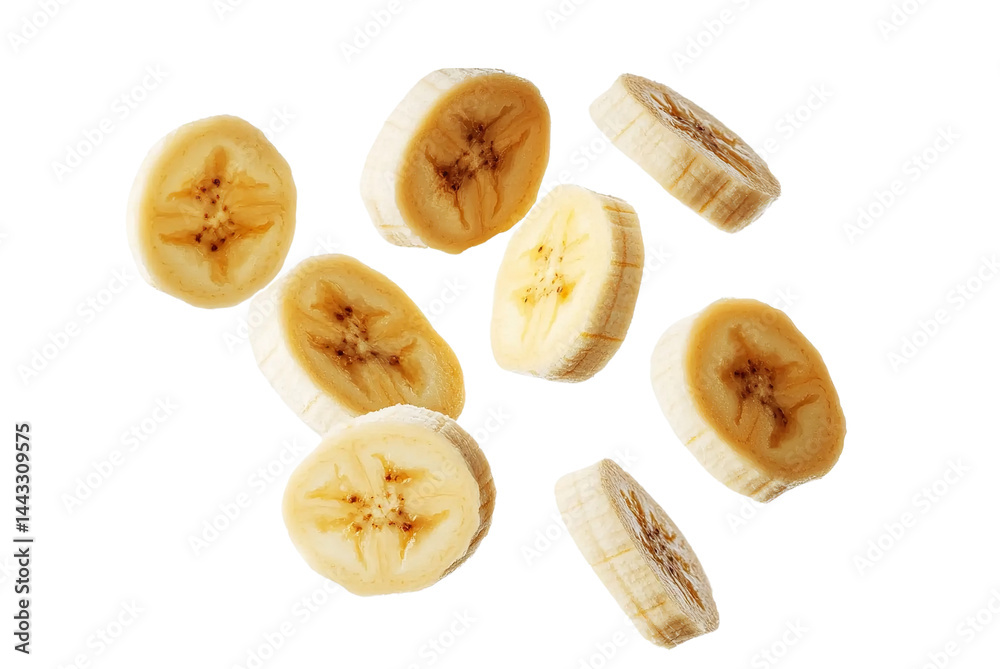 Flying banana slices on transparent background, cutout, Flying banana slices on transparent background, cutout,