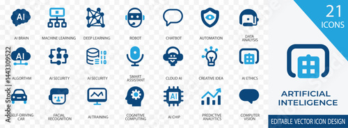 A modern and versatile vector icon set focusing on artificial intelligence technologies. Includes icons for machine learning, neural networks, AI robots, automation, deep learning and smart systems. 