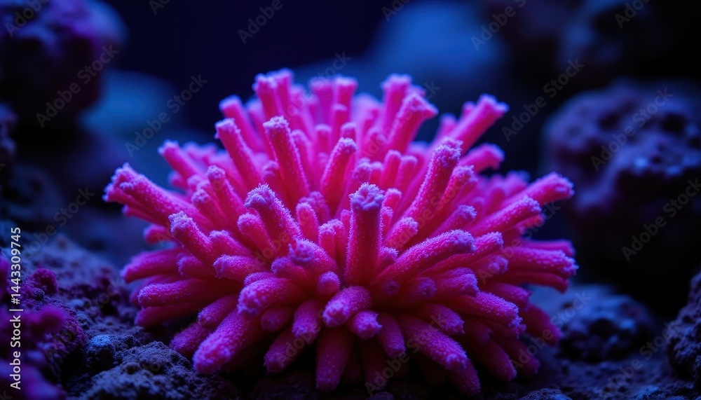 Fototapeta premium A vibrant coral with a striking pink hue, showcasing intricate textures and structures, thriving in a dark underwater environment.