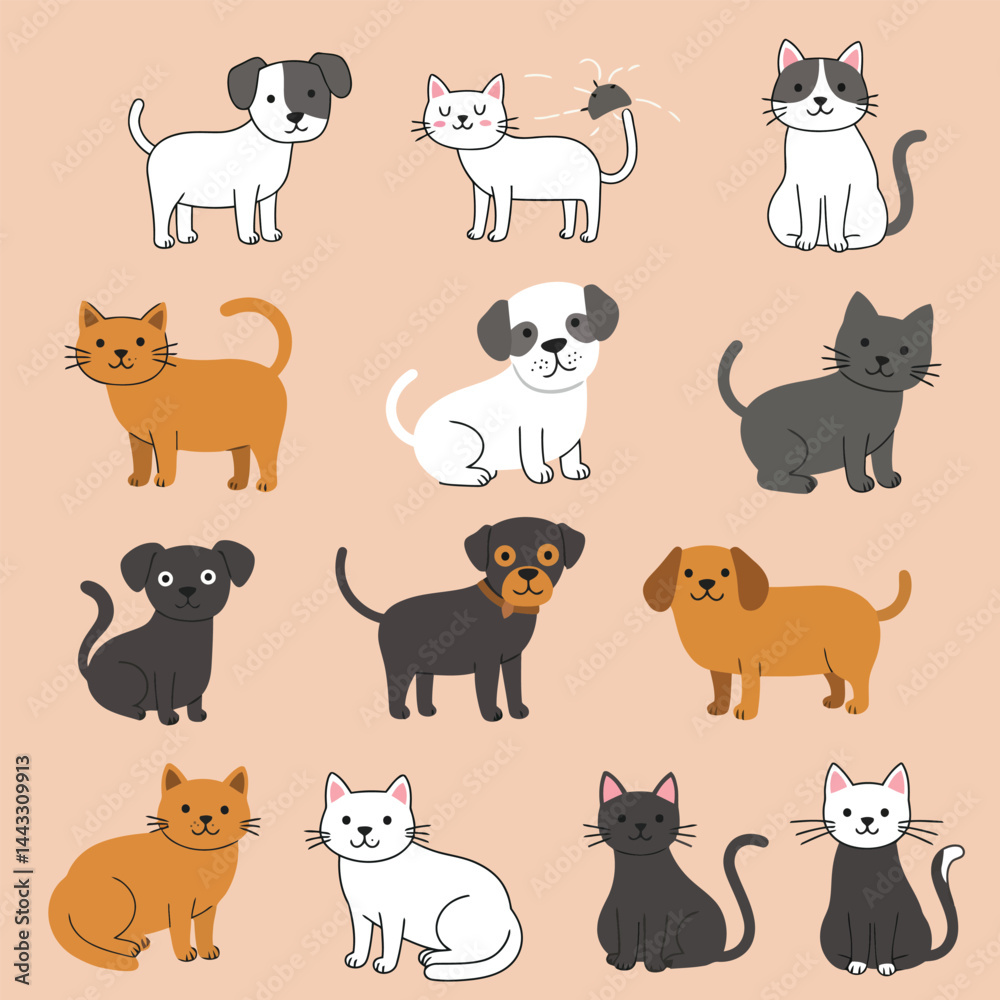 Fototapeta premium Cute pets collection. Vector flat cats and dogs set. Cartoon pets bundle