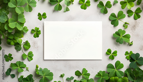 Frame of clover leaves and blank card on light table, flat lay with space for text. St. Patrick's Day celebration