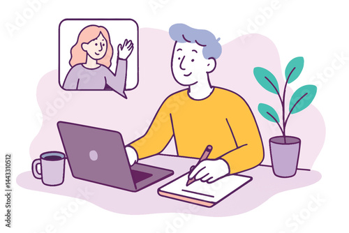Flat cartoon man working remotely at home with a laptop, taking notes during a video call. Calm pastel style with fluid background, modern remote work concept. Vector isolated design on white.