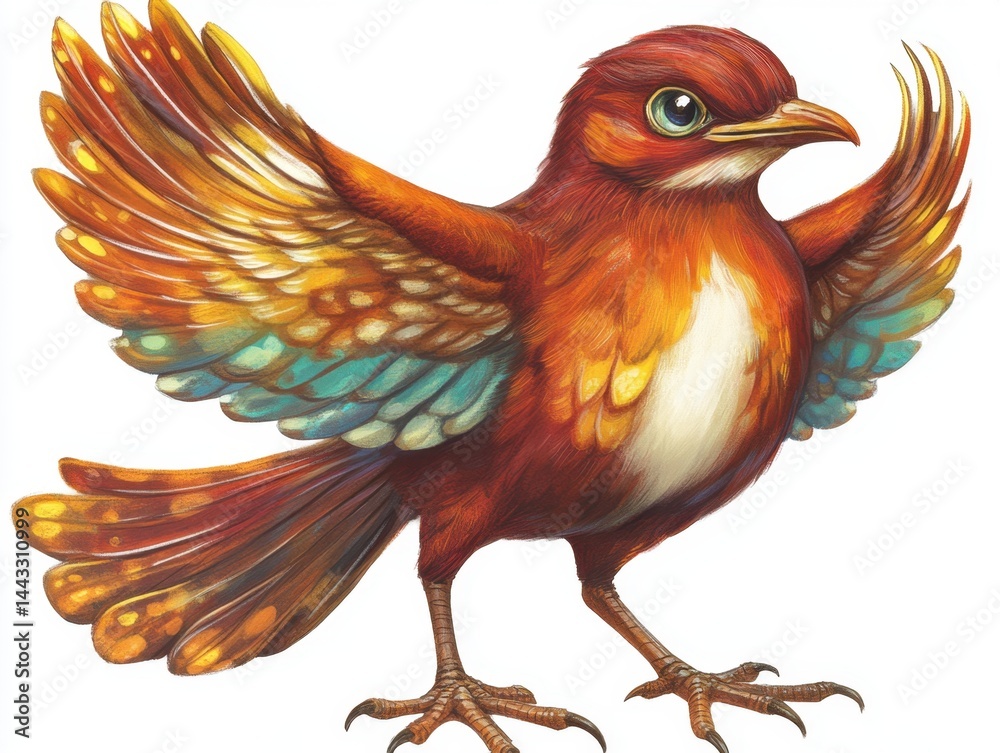 Obraz premium Vibrant bird illustration with detailed feathers and bright colors artistic avian portrait on white background capturing the essence of nature and wildlife