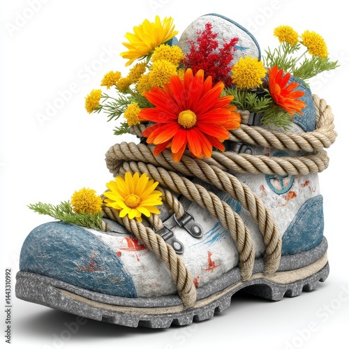 Vibrant Flowers Adorn Weathered Hiking Boot Against White Background